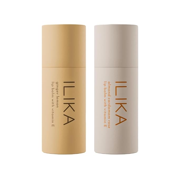 ILIKA Lip balm, Organic, 100% Plant-based, Natural Lip Treatment, 2 Pack, Ginger Lemon & Almond Cardamom Rose