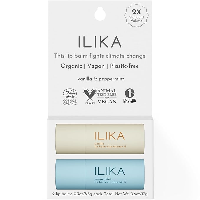 ILIKA Lip balm Organic, 2 Pack, Vanilla & Peppermint