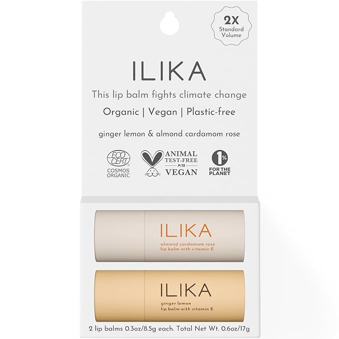 ILIKA Lip balm, Organic, 100% Plant-based, Natural Lip Treatment, 2 Pack, Ginger Lemon & Almond Cardamom Rose